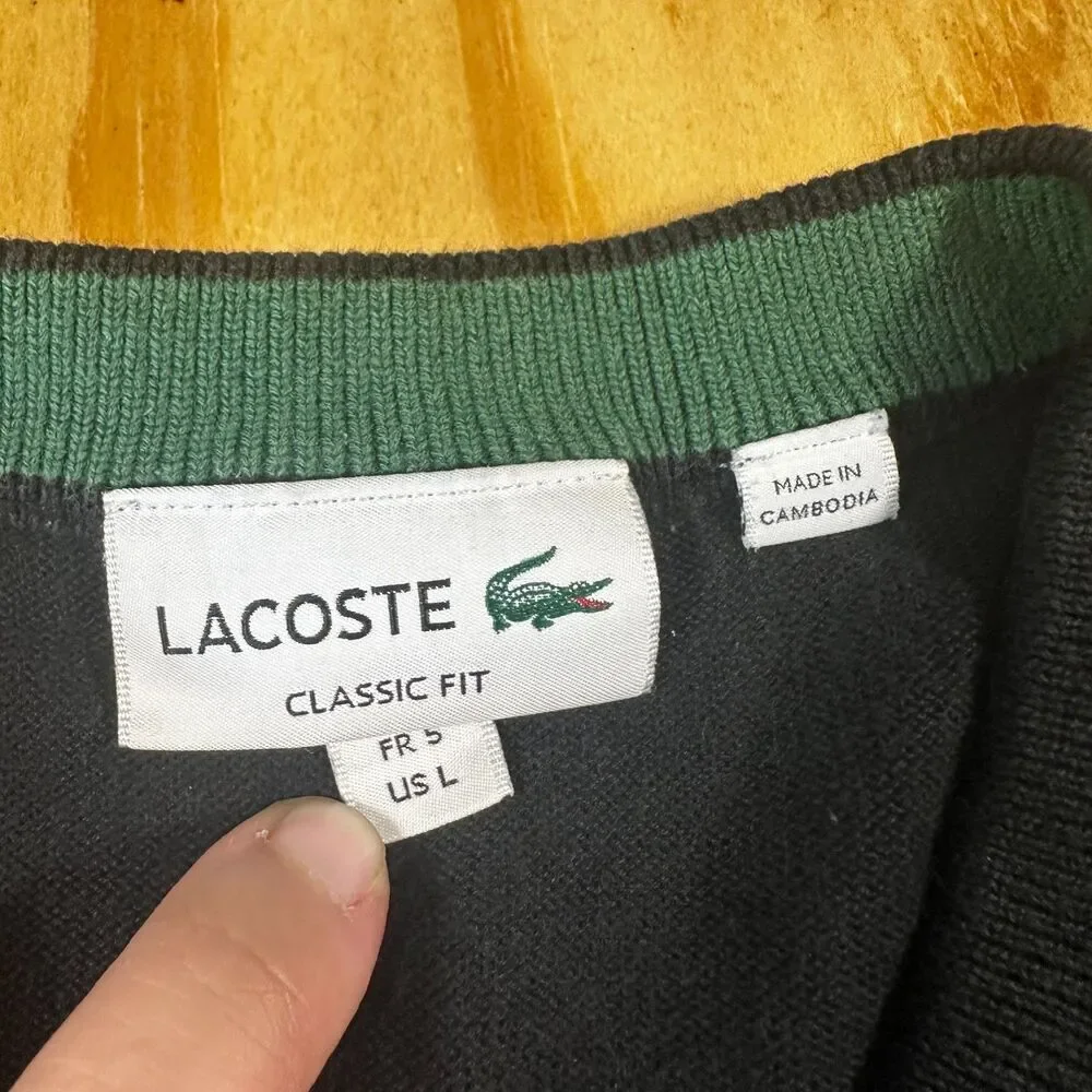 Lacoste Black V-Neck Sweater Mens Large